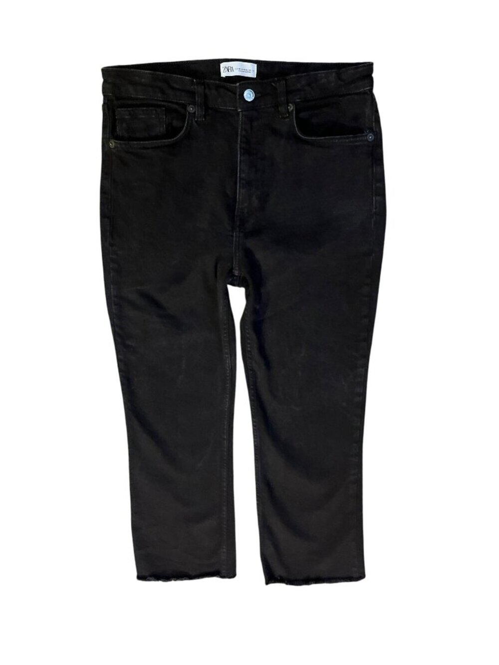 Zara Womens 10 Black Cropped Straight Leg Jeans Raw Hem High Rise Used - Picture 3 of 12